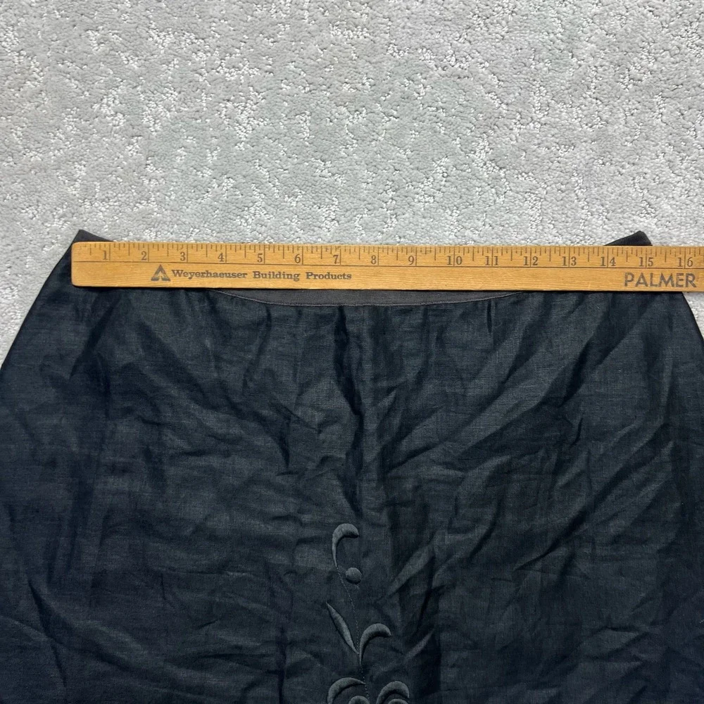 Evan-Picone Midi Skirt Women Size 10 Black 100% Linen A-Line Embroidered Flowers